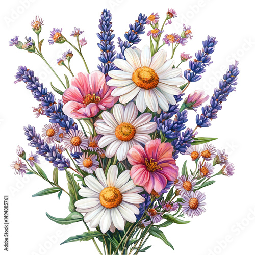 Floral arrangement of daisies and lavender blooms for spring decoration isolated on  transparent  background 