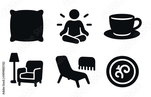 Relaxation silhouette icons set – calming, meditation, peaceful symbols for wellness
