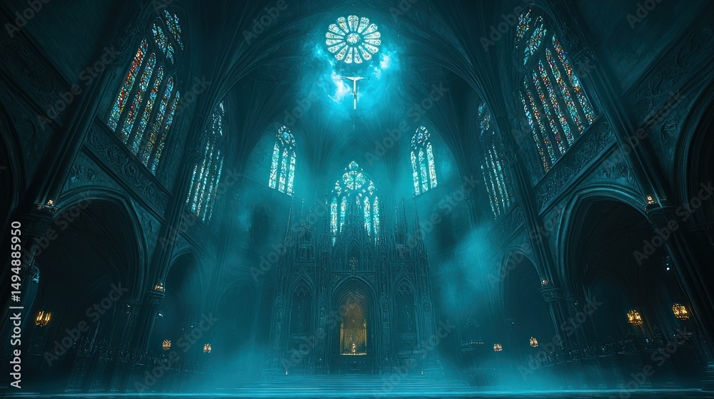 Fototapeta premium Mystical church interior, stained glass, dramatic lighting