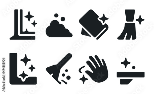 Cleaning solid icons set – silhouette, filled, hygiene and housekeeping symbols