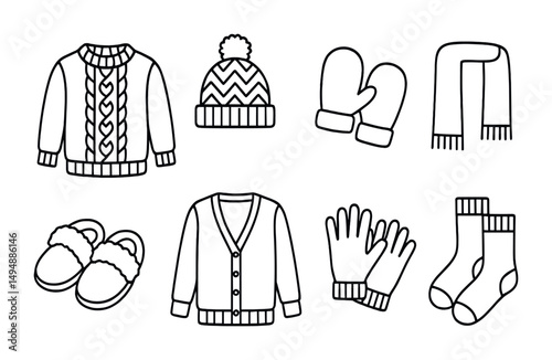 Winter clothing outline icons set – cozy, warm apparel and seasonal wear symbols
