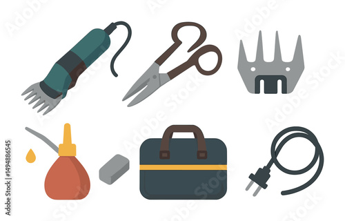 Sheep shearing tools flat icons set – agriculture, farming, equipment illustrations