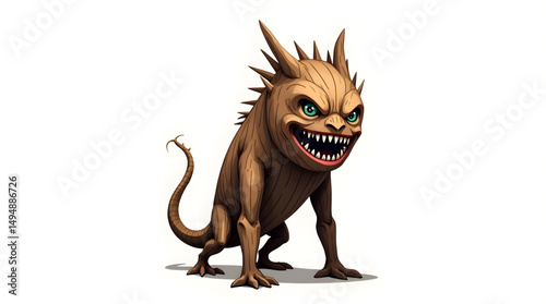 Tung tung tung sahur evolved. This captivating digital illustration presents a formidable creature emerging from the depths of a dark fantasy realm. The wooden texture of its body.