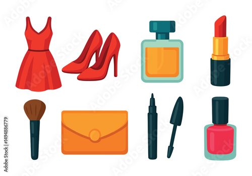 Fashion and beauty icons set – flat, stylish, makeup and apparel symbols
