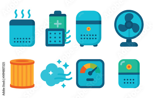 Air quality gadgets icons set – flat, filled, purifier and humidity symbols