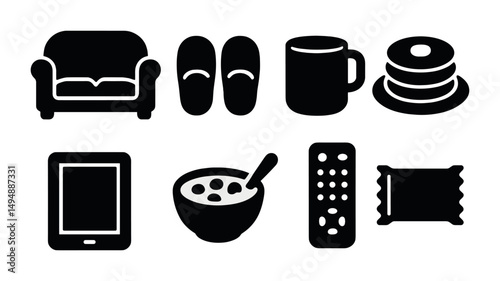 Home comforts solid icons set – silhouette, filled, cozy living symbols