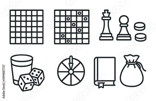 Board games outline icons set – tabletop, strategy, leisure play symbols