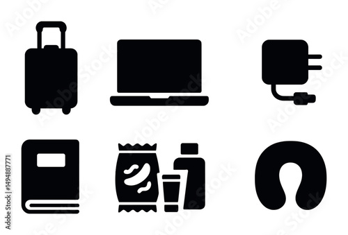 Travel essentials silhouette icons set – solid, flat, journey and packing symbols