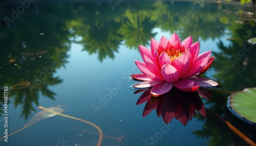 Intricate floral pattern reflected on calm lake surface, flowers, pattern