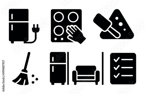 Home cleaning solid icons set – hygiene, chores, housekeeping essentials