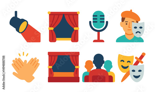 Theater and performing arts flat icons set – drama, culture, entertainment symbols