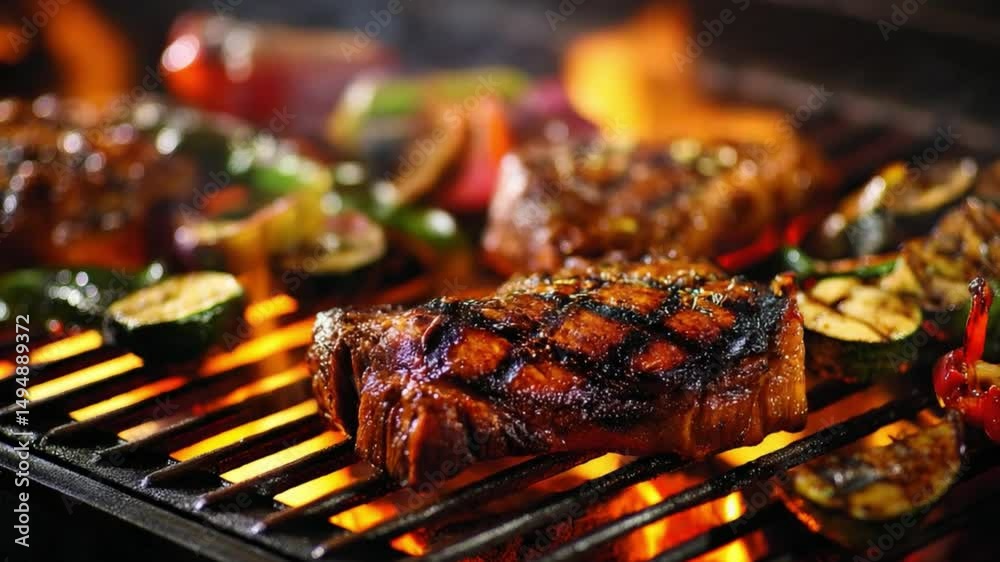 Fiery Feast: Sizzling grilled steaks with perfectly charred grill marks are showcased alongside vibrant grilled vegetables, with flames dancing around the hot coals.