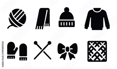 Knitting and crochet silhouette icons set – solid, wool, crafting symbols