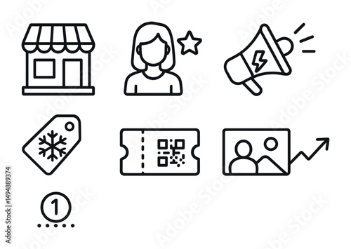 Marketing and commerce outline icons set – linear, minimalist, digital symbols