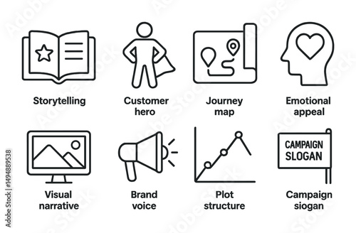 Business strategy outline icons set – linear, branding, marketing symbols