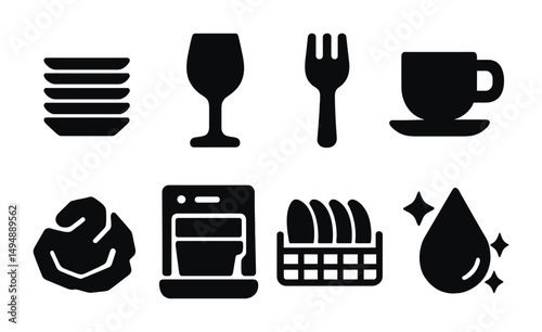 Kitchen essentials solid icons set – dishes, utensils, cooking and kitchenware symbols