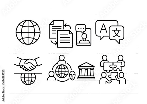 Translation and communication linear icons set – outline, language, global symbols