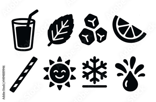 Bar and drink solid icons set – filled, beverage, cocktail preparation graphics