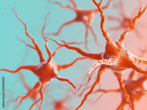 Close-up View of Neurons with Detailed Structure on Colorful Background