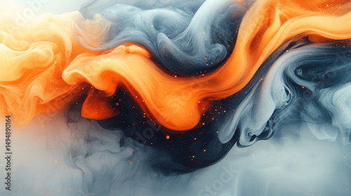 Vibrant orange, black, and blue ink swirling in abstract motion over light surface