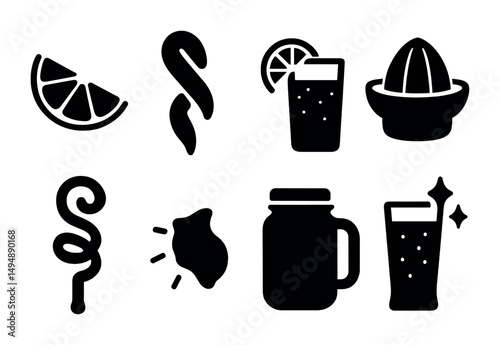 Juice and beverage silhouette icons set – filled, flat, drink and citrus symbols