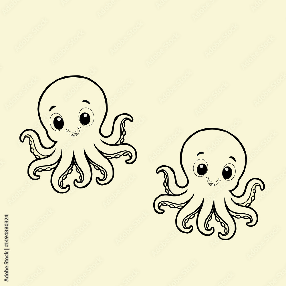 Obraz premium Octopus doodle art.Vector Illustration of Hand drawn Cute Octopus Doodle art. A cartoon cute octopus illustration, octopus character design.Octopus Line Icon. Funny Octopus Vector Illustration Cartoon