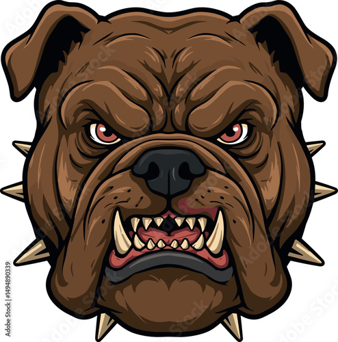 Angry Bulldog Face Vector Illustration with fierce red eyes and spiked collar
