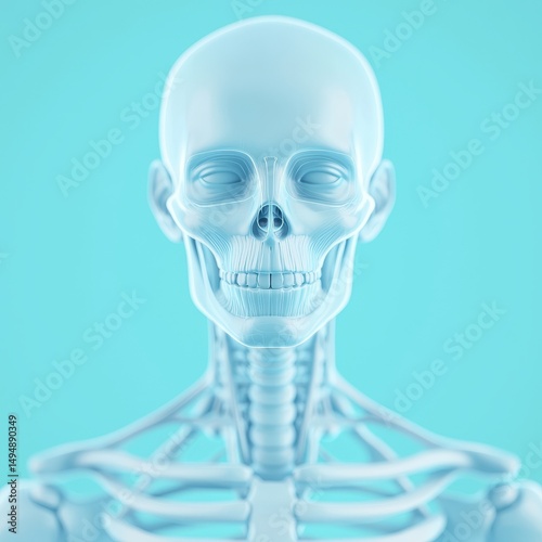 3D Model of a Human Skull and Skeleton on Light Blue Background