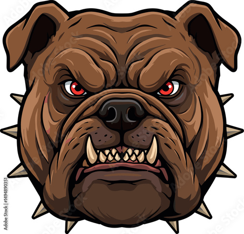Angry Bulldog Face Vector Illustration with fierce red eyes and spiked collar