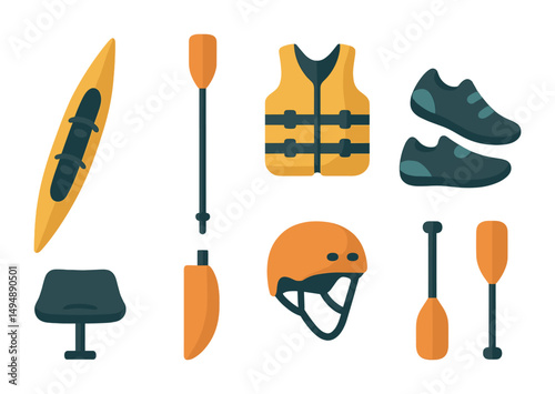 Outdoor adventure flat icons set – equipment, kayak, canoeing symbols