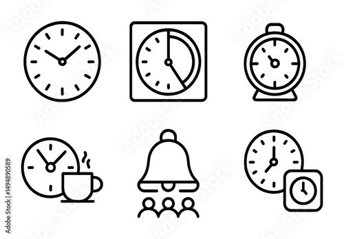 Time and clock line icons set – outline, silhouette, watch and alarm symbols