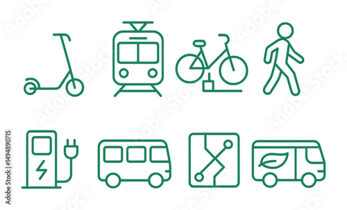 Urban mobility outline icons set – line, linear, transportation and city travel symbols