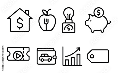 Finance and economy outline icons set – linear, budget, money saving symbols