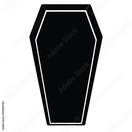 A simple black coffin with white trim evokes themes of death and mourning