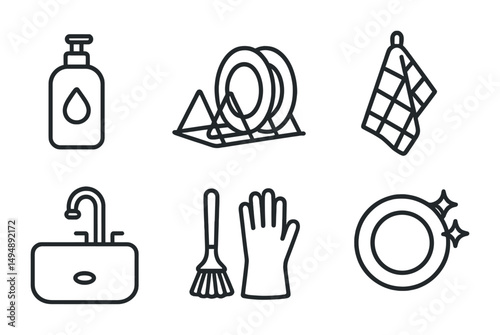 Kitchen and cleaning line icons set – outline, utensils, dishwashing symbols