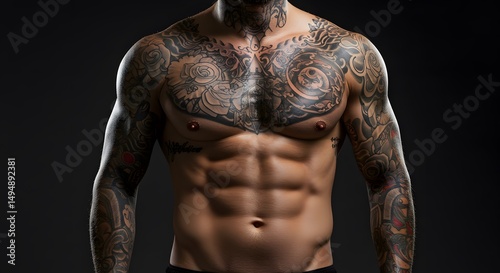 Muscular Man with Tattoos: Close-Up Portrait of Fit Bodybuilder with Abs and Tattoos on Chest, Arms, and Neck. Fitness Model Posing on Dark Background