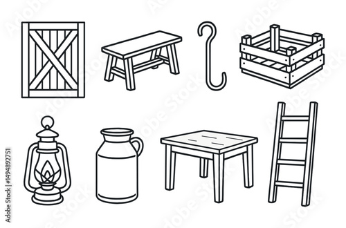 Rustic farm outline icons set – linear, country, agriculture symbols