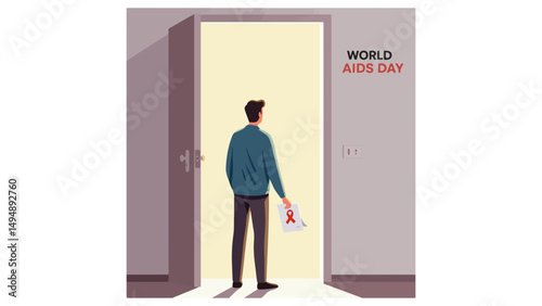 Boyfriend holding test result standing in doorway with symbolic open light