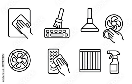 Cleaning and maintenance outline icons set – neat, tidy, sanitation symbols