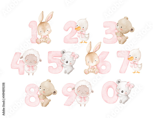 Watercolor Illustration Set of Baby Animals and Numbers