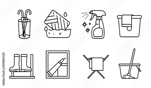 Cleaning essentials outline icons set – line, household, sanitation, hygiene symbols