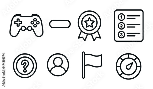Game and achievement outline icons set – pixel art, linear, gaming symbols