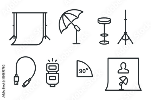 Photography equipment outline icons set – flat, linear symbols for cameras and lighting