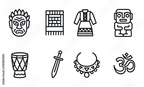 Cultural heritage icons set – line, outline, traditional and ethnic symbols
