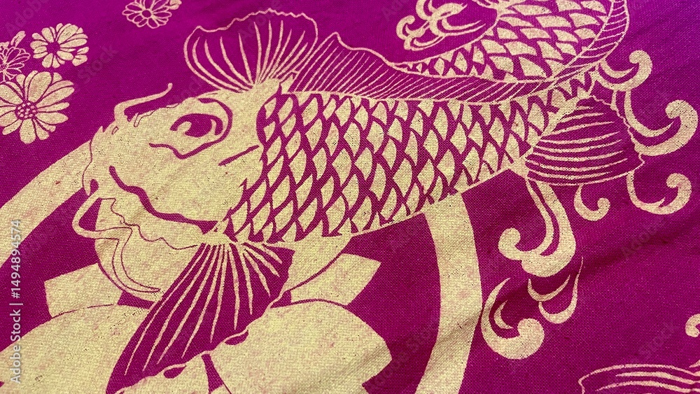 Fototapeta premium apanese Style Golden Koi Fish Pattern on Purple Fabric Background
