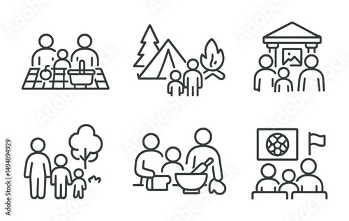 Family activities line icons set – outline, leisure, recreational symbols
