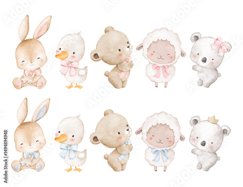 Watercolor Illustration Set of Baby Animals 