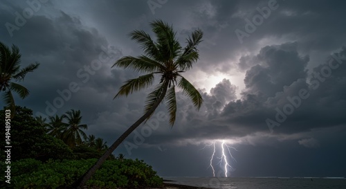 Fototapeta Naklejka Na Ścianę i Meble -  Dramatic lightning strikes over a tropical beach with palm trees swaying in the stormy sky - photo of a palm tree