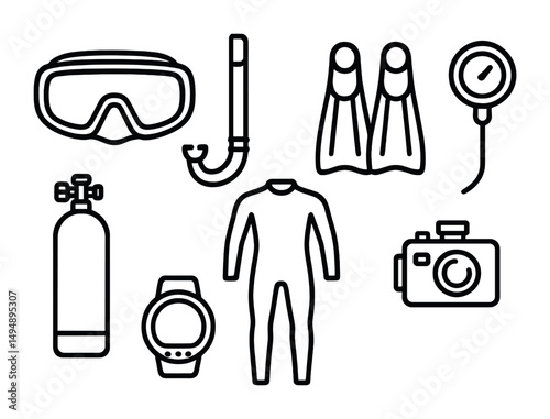 Scuba diving linear icons set – outline, aquatic, underwater exploration symbols