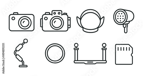 Photography and camera outline icons set – line, linear, digital and equipment symbols